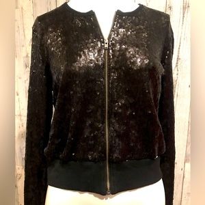 Jessica Simpson black sequin bomber jacket.